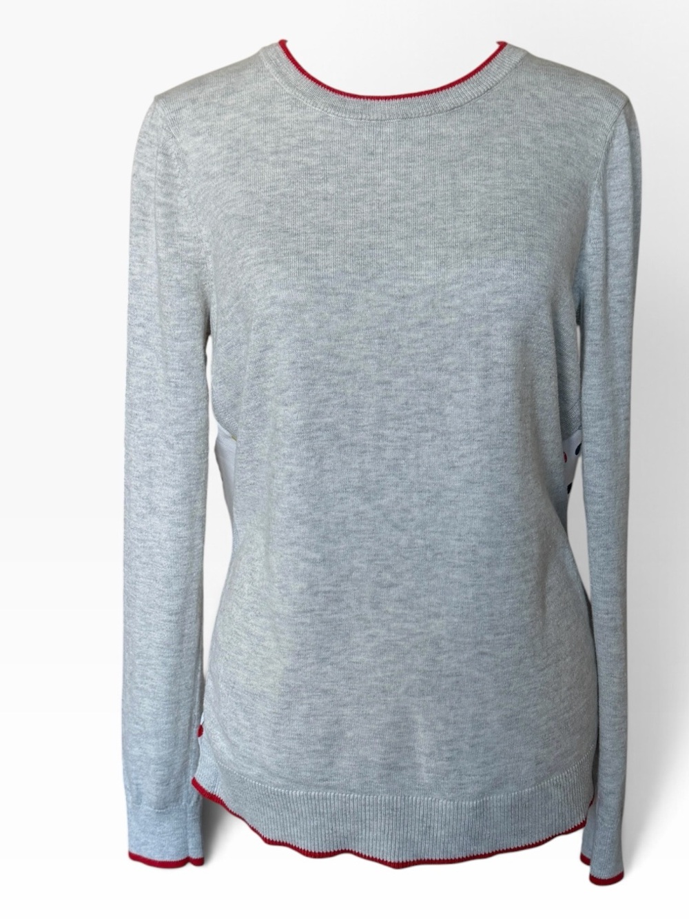Boden Eva Mixed Media Sweater Gray Wool Cotton Polka Dot Back Red Trim Size S